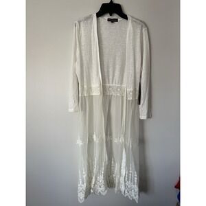 Sheer Lace Duster Kimono Cardigan Boho Festival Midi M Floral Embroidery Ivory